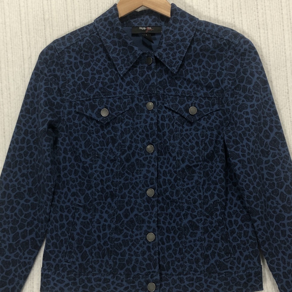Style & Co. Jean Jacket Blue Animal Print Button Front Denim Coat Women's Size S